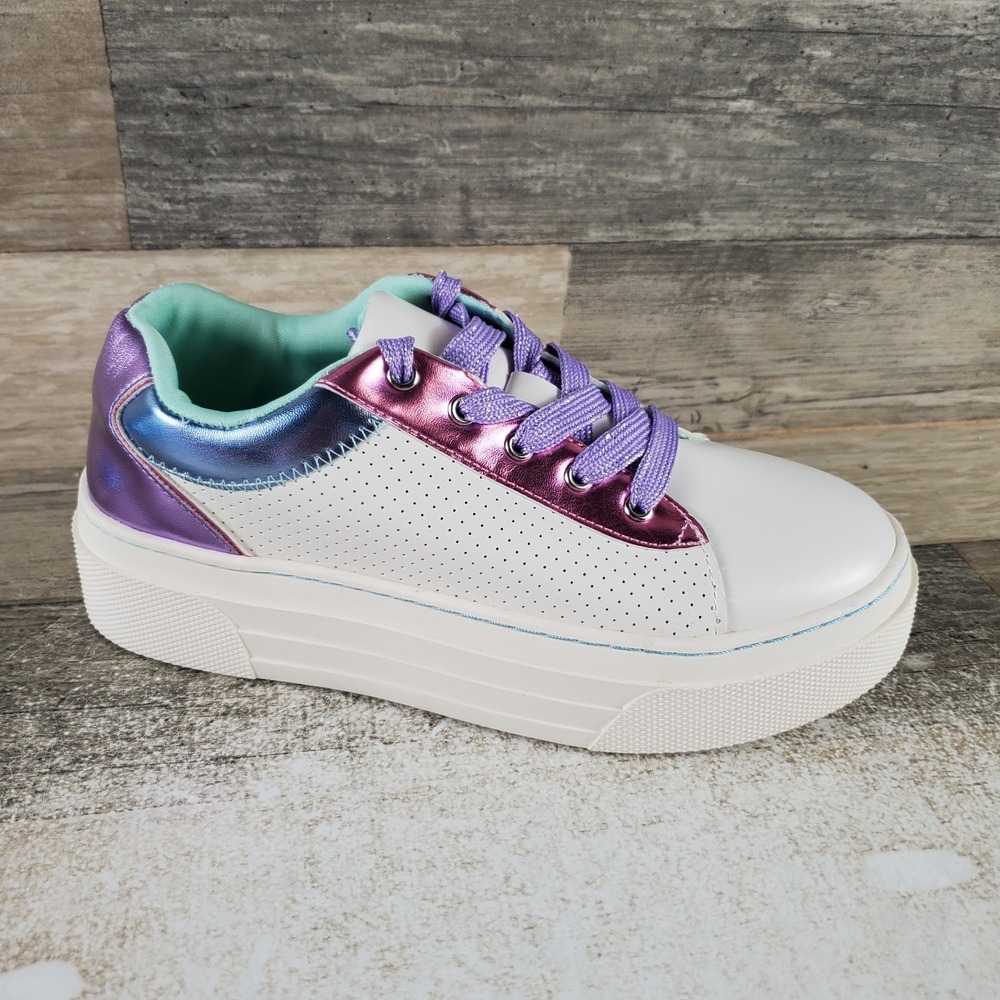 Steve Madden Maggiee Kids Girls‎ Sz 3 White Metallic Purple Leather Sneakers